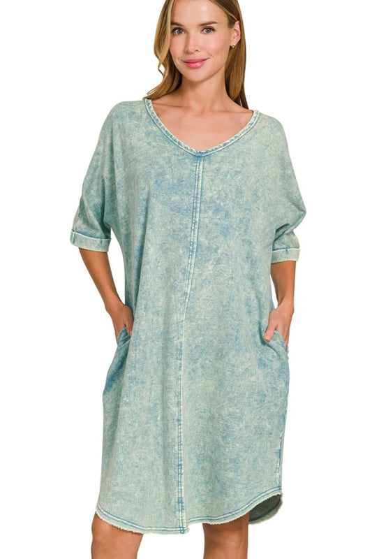 Zenana Acid-washed French Terry Tee Shirts Dress ASH BLUE