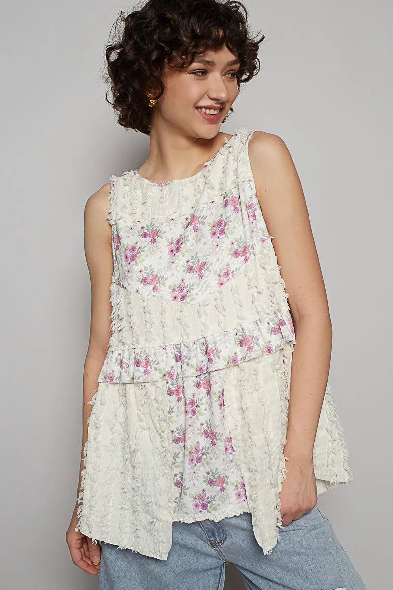 POL Floral Textured Round Neck Sleeveless Top Ivory