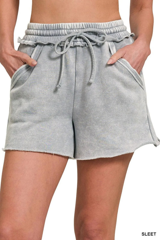 Zenana Acid Wash Fleece Drawstring Shorts With Pockets SLEET