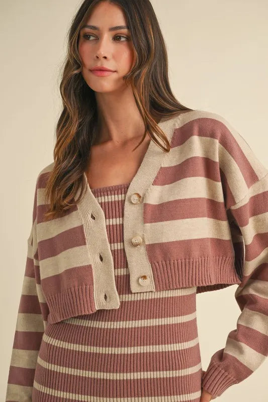 MABLE Stripe Crop Cardigan and Bodycon Dress Sweater Set