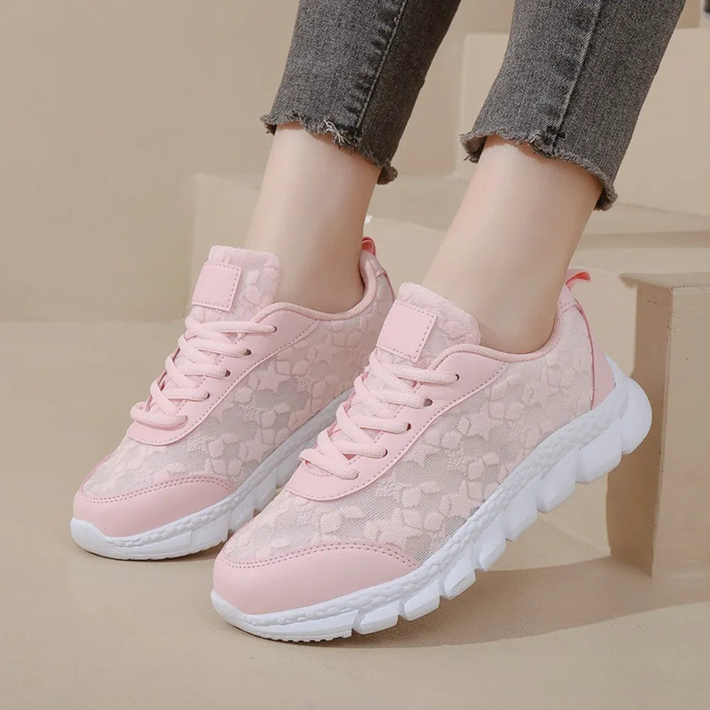 Lace Up Round Toe Star Mesh Athletic Blush Pink