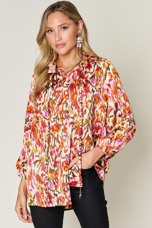 Double Take Full Size Printed Button Up Long Sleeve Shirt Tangerine