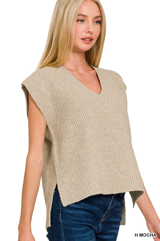 Zenana Oversized Sweater Vest with Side Slit H MOCHA