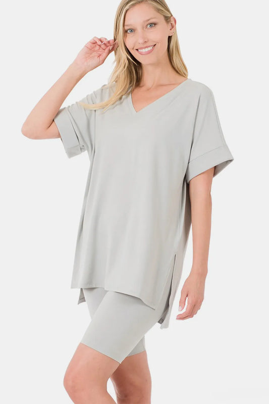 Zenana Full Size V-Neck Short Sleeve Slit T-Shirt and Shorts Set Lt Grey