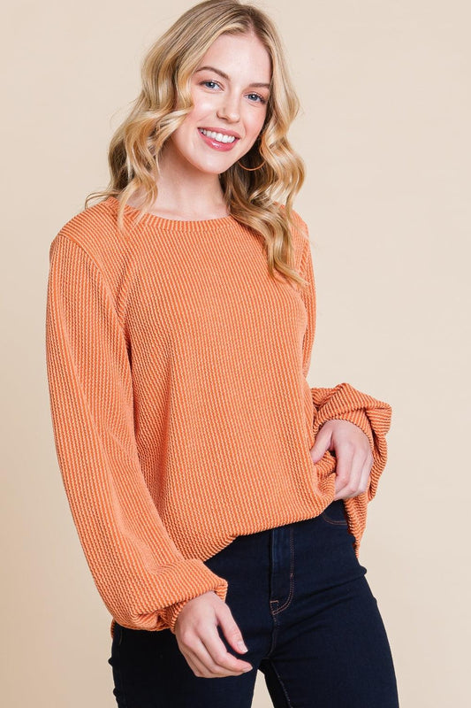 BOMBOM Long Sleeve Curved Hem Ribbed T-Shirt Pumpkin