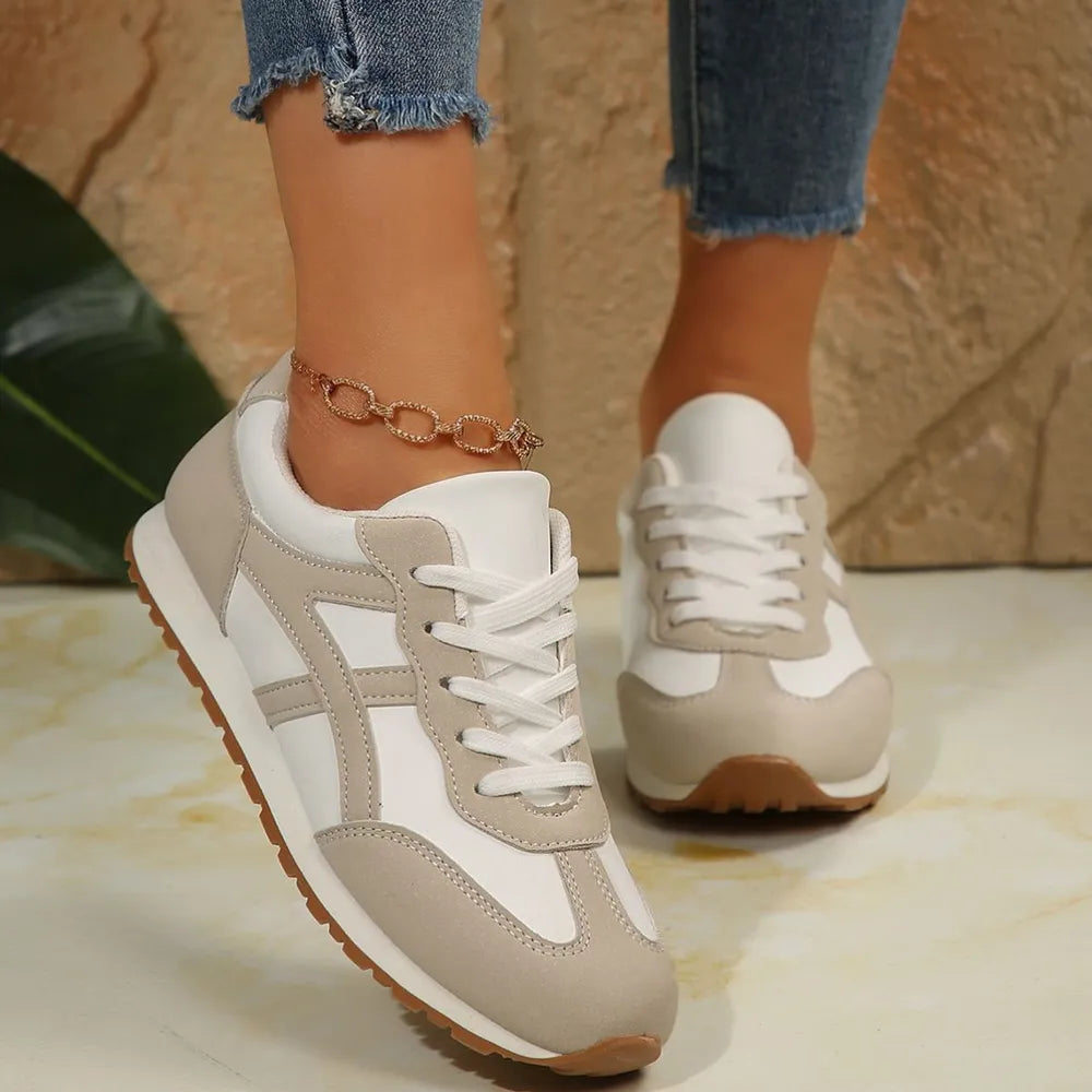 Contrast Lace Up Round Toe Sneakers Beige