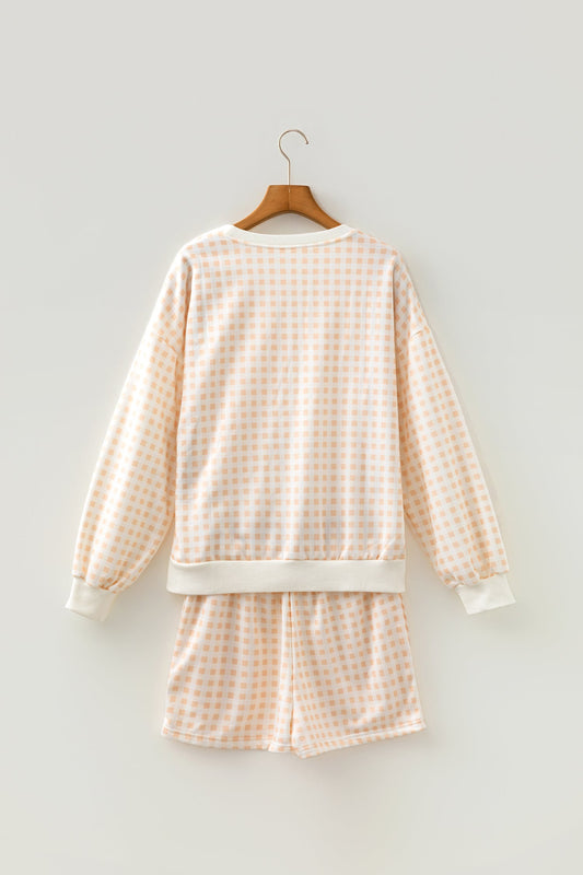 Gingham Plaid Baggy Pullover and Drawstring Shorts Set