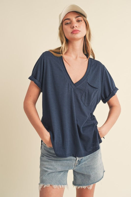 Aemi + Co Side Slit V-Neck Short Rolled Sleeve T-Shirt Dark Navy