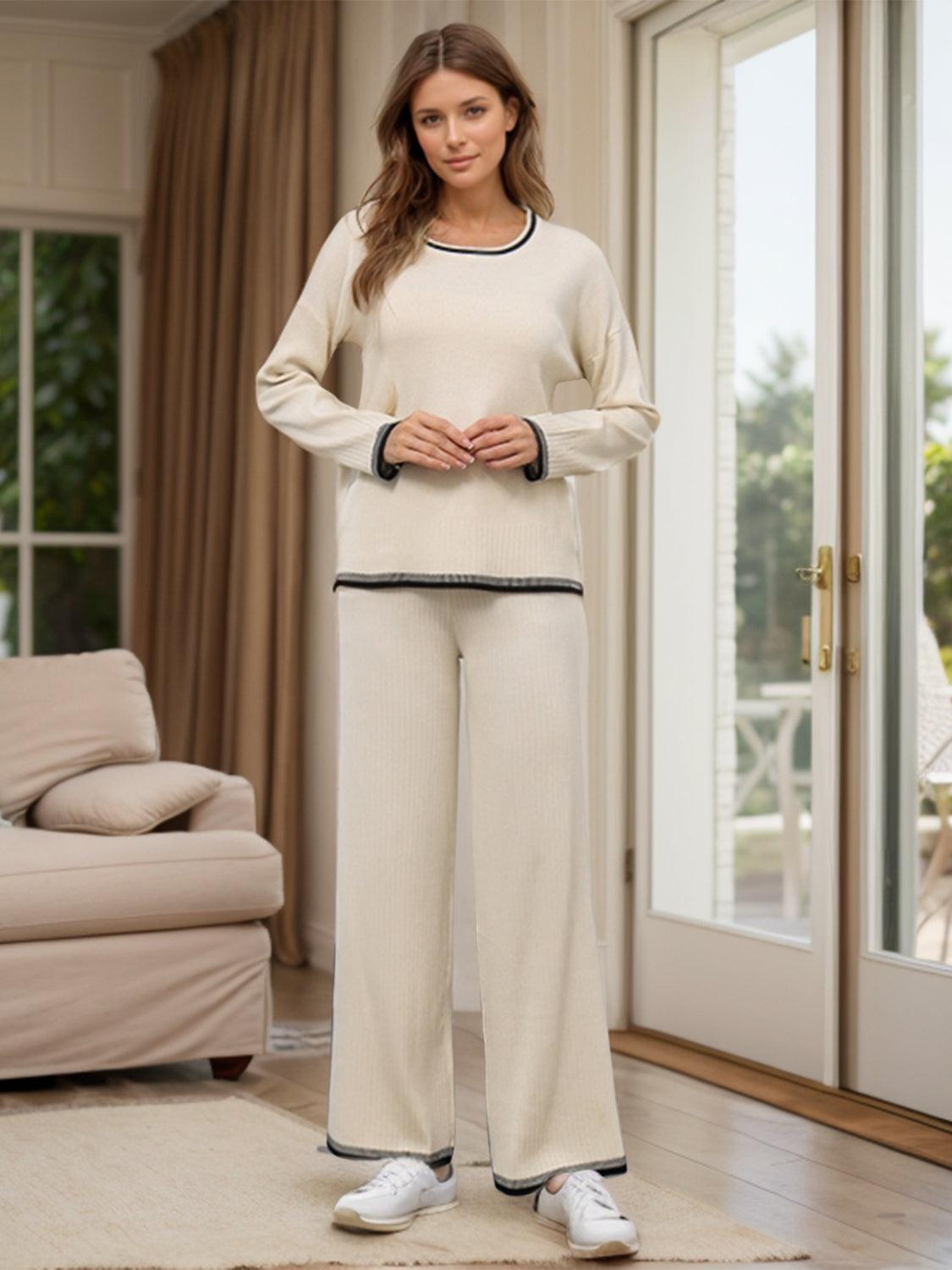 Contrast Trim Round Neck Top and Pants Sweater Set Cream One Size