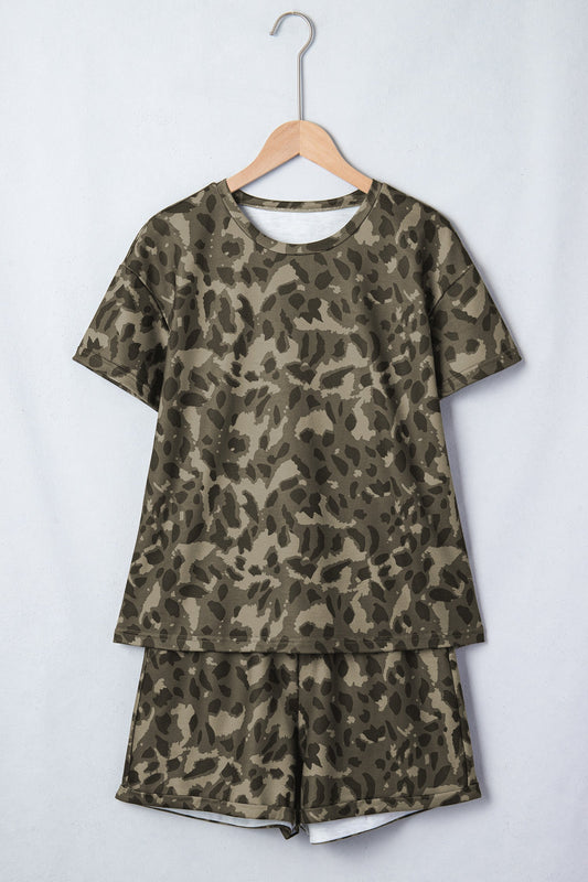 Leopard Crew Neck Tee & High Waist Shorts Set