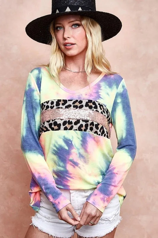 BiBi Tie Dye Deep U-neck Top with Leopard and Sequins