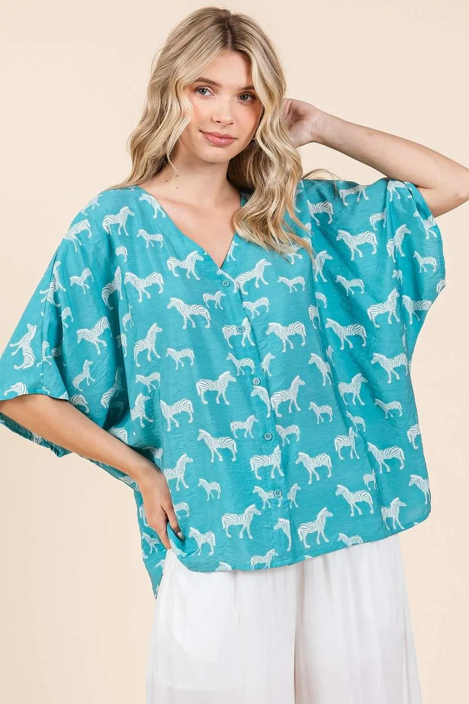 Mittoshop Zebra Print V-Neck Button Down Dolman Sleeve Top