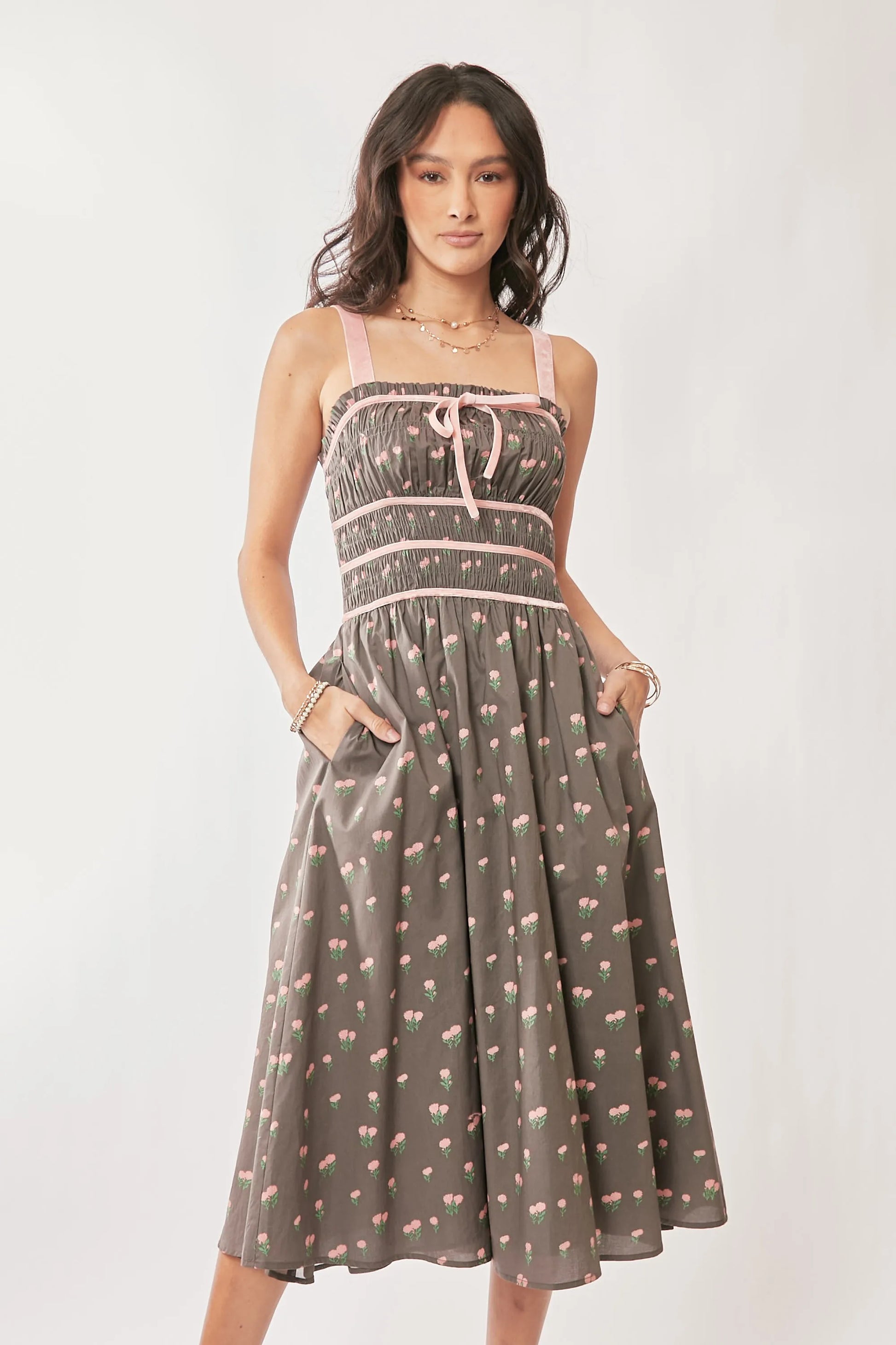 Davi & Dani Contrast Velvet Tape Smocking Bodice Midi Dress