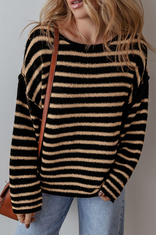 Stripe Drop Shoulder Round Neck Sweater Black
