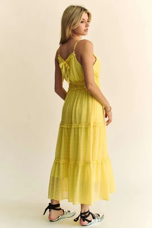 Davi & Dani Texture Swiss Dot Ruffle Square Neck Midi Dress