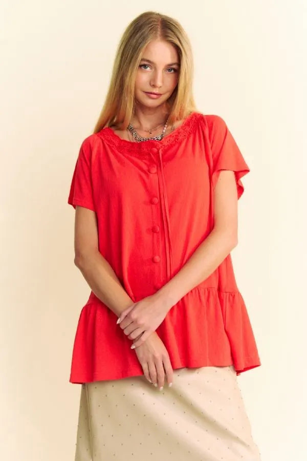 Davi & Dani Solid Lace Trim Neck Short Sleeve Peplum Top