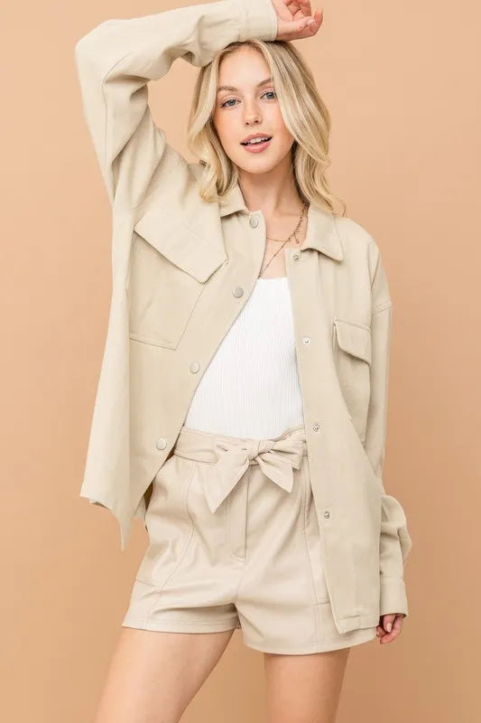 And The Why Faux Leather Shorts With Waist Ribbon BEIGE