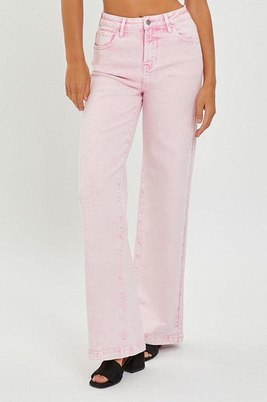 RISEN Full Size High Rise Tummy Control Wide Leg Jeans Acid Pink