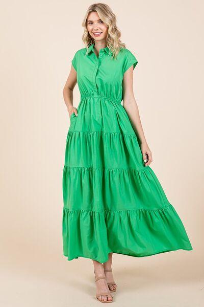 Mittoshop Button Up Collared Tiered Maxi Shirt Dress Apple Green