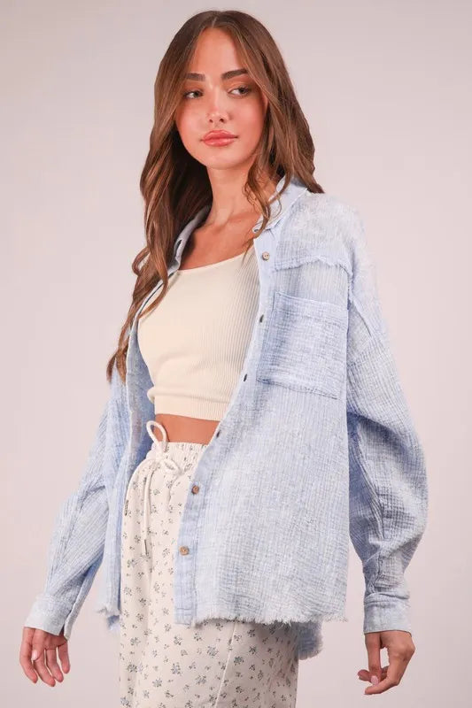 VERY J Plus Size Mineral Washed Gauze Shirt Sky