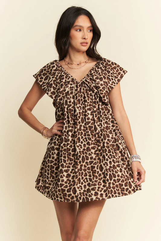Davi & Dani Animal Printed Velvet Ribbon Mini Dress BROWN ANIMAL