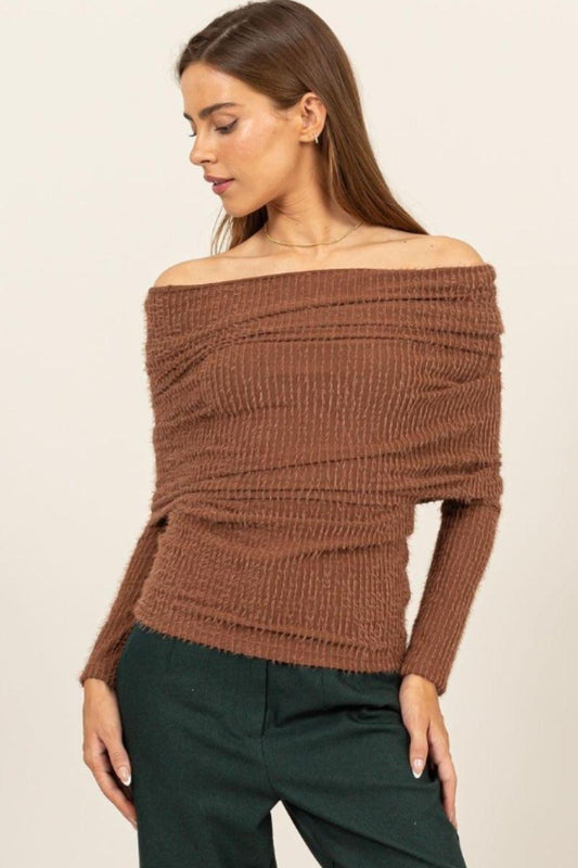 HYFVE Fuzzy Off Shoulder Textured Knit Top Brown
