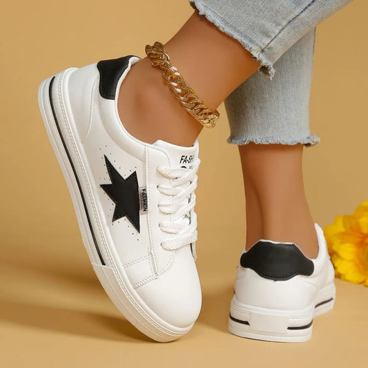 Star Round Toe Lace Up Sneakers White