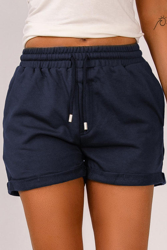 Drawstring Waist Cuffed Shorts Dark Blue