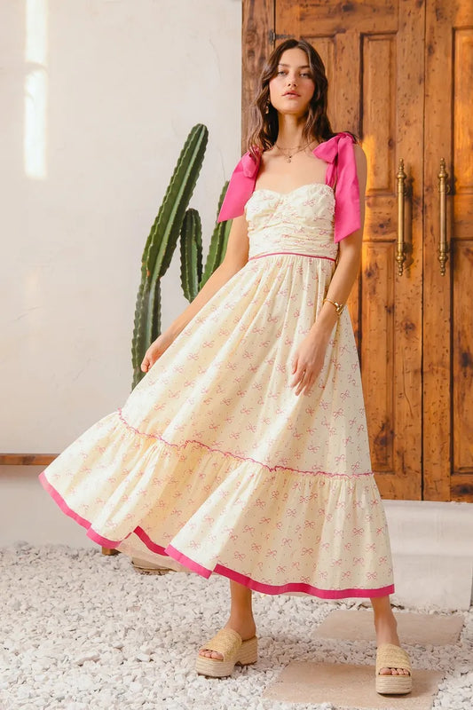 SO ME Ribbon Flowy Maxi Dress with Contrast Trim CREAM PINK