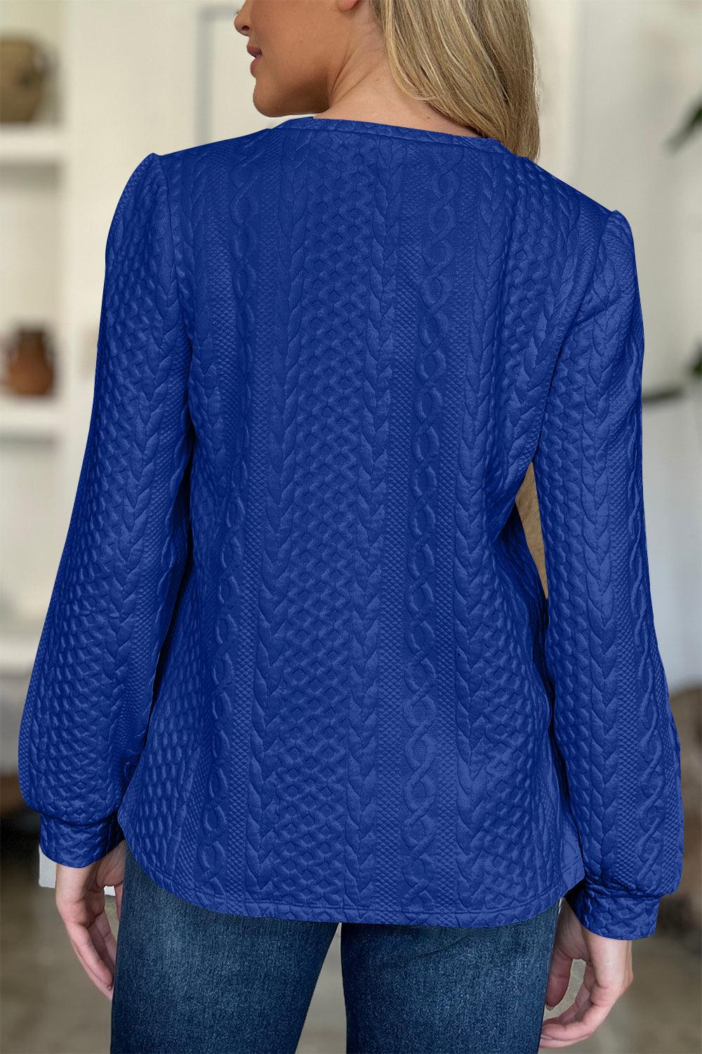Textured Round Neck Long Sleeve Sweatshirt Royal Blue