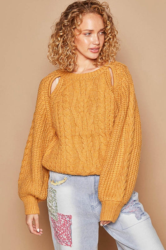 POL Cable Knit Cutout Long Sleeve Sweater Honey Mustard