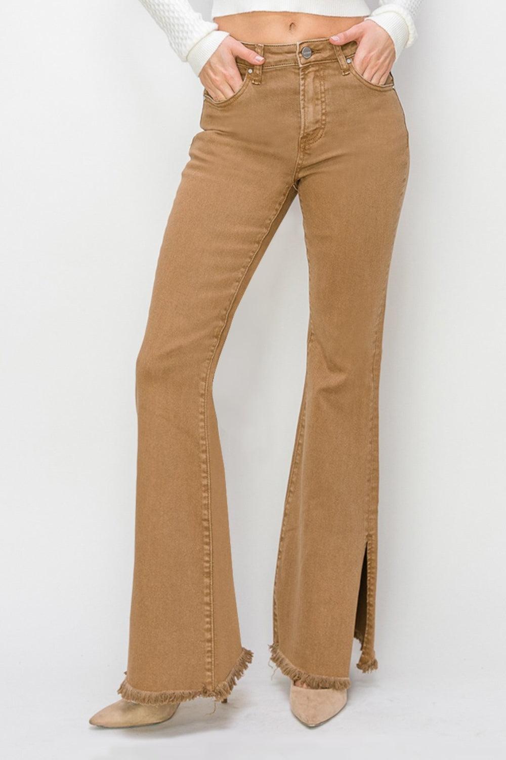 RISEN Bailey Full Size High Waist Side Slit Flare Jeans Brown