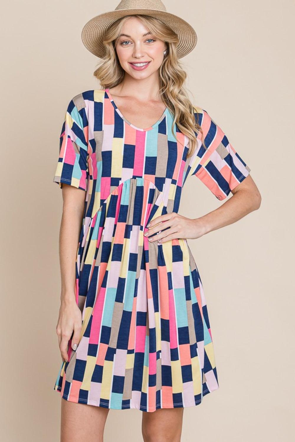 BOMBOM Ruched Color Block Short Sleeve Mini Dress Multicolor