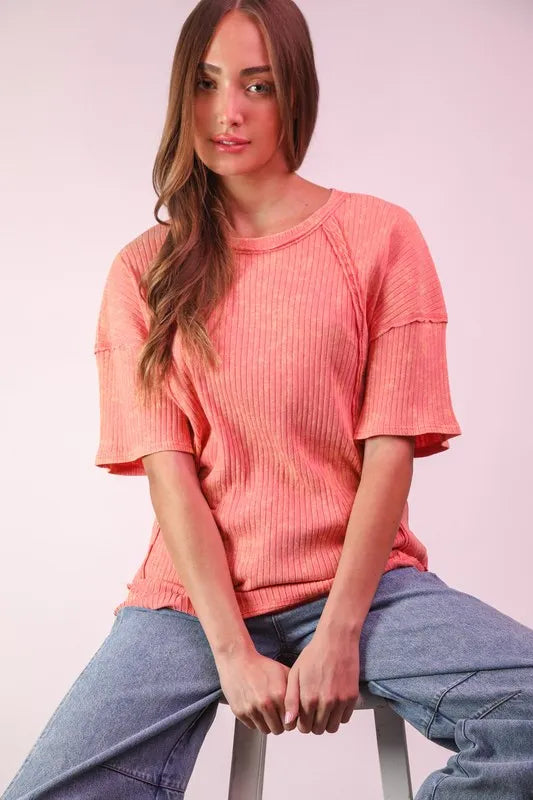VERY J Mineral Washed Ribbed Knit Casual Top