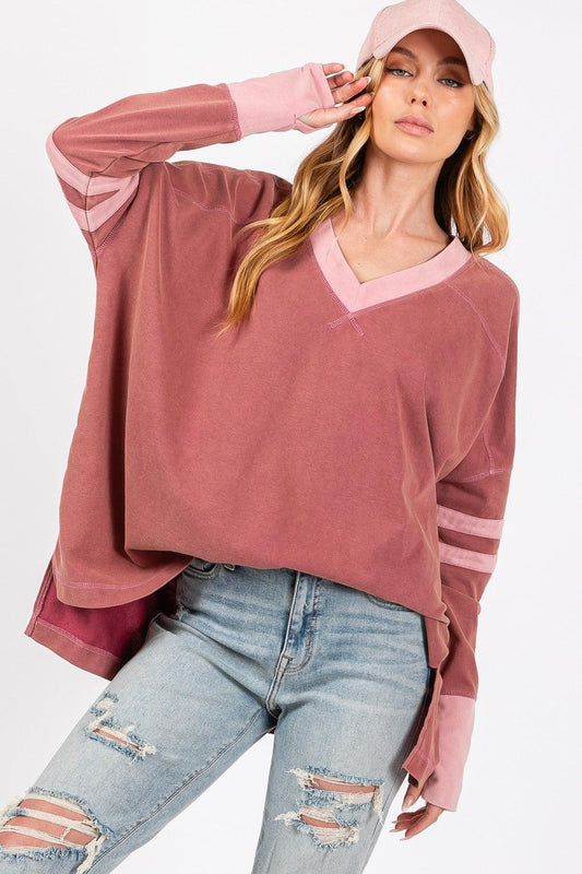 SAGE + FIG Mineral Wash Side Slit Contrast T-Shirt Mulberry