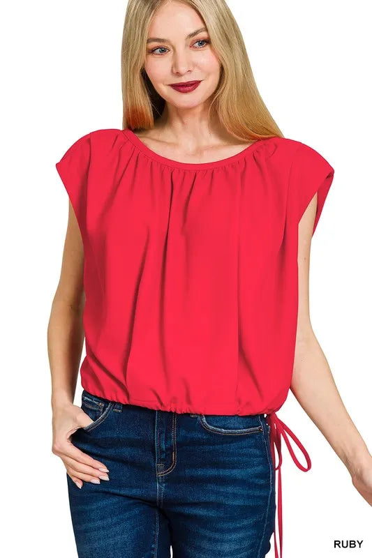 Zenana Woven Drawstring Tie Side Sleeveless Top