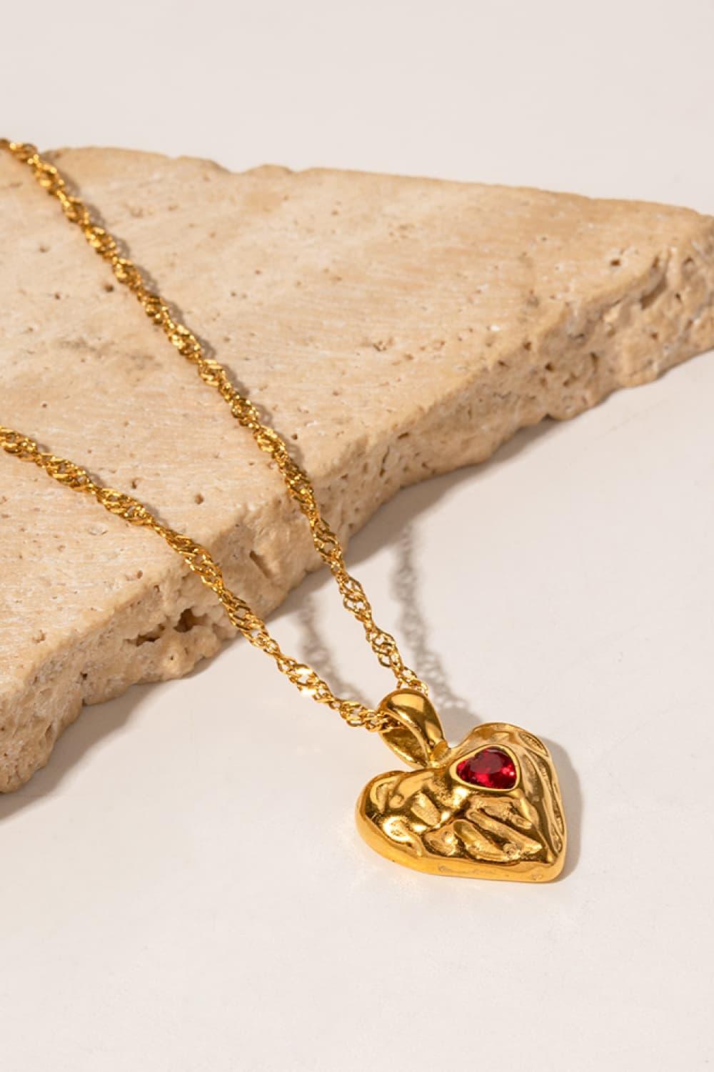 Heart Pendant Stainless Steel Necklace Red One Size