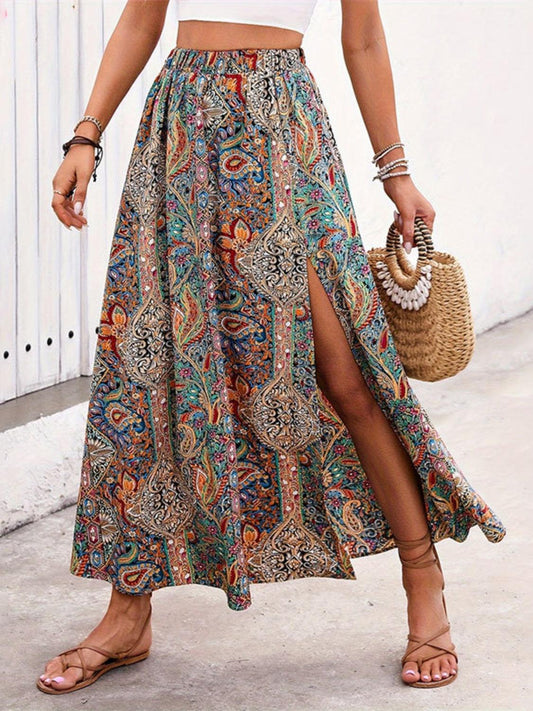 Slit Printed Elastic Waist Skirt Styl A