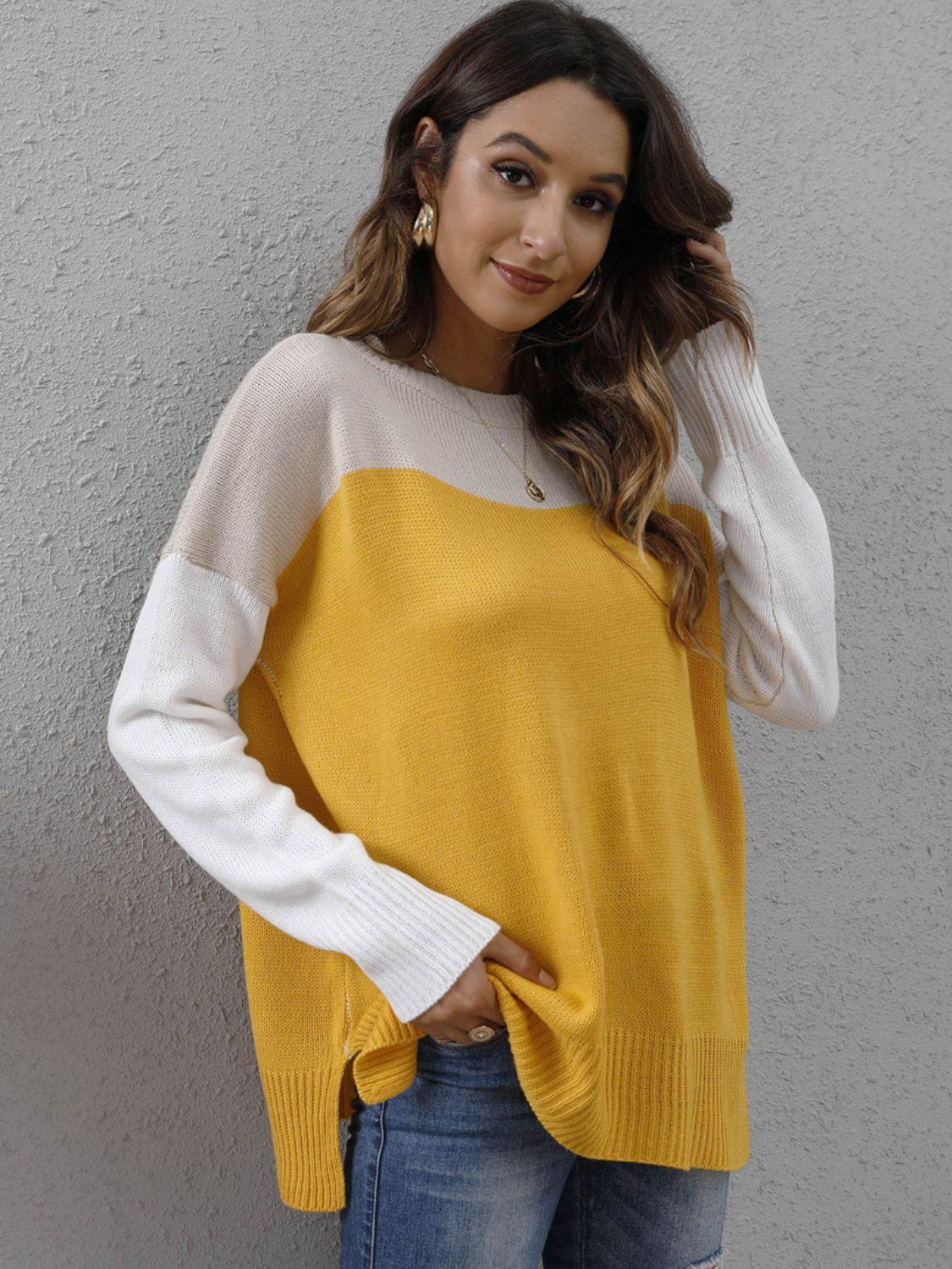 Color Block Round Neck Sweater Gold