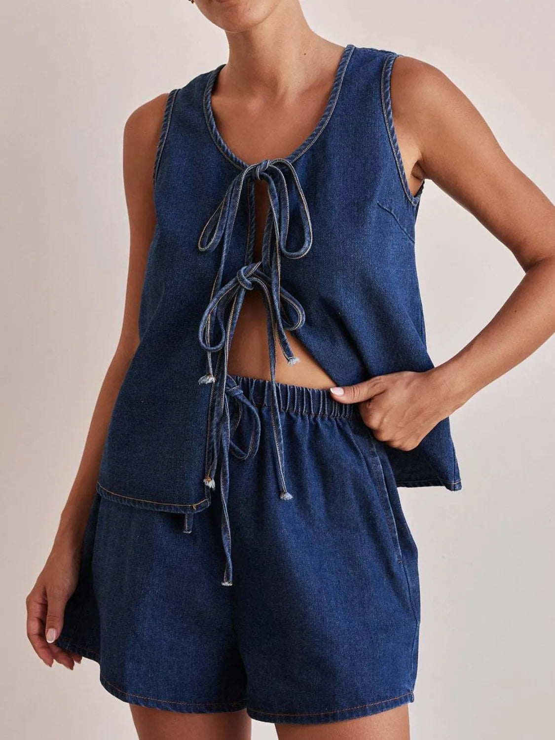 Tie Front Vest and Shorts Denim Set Medium