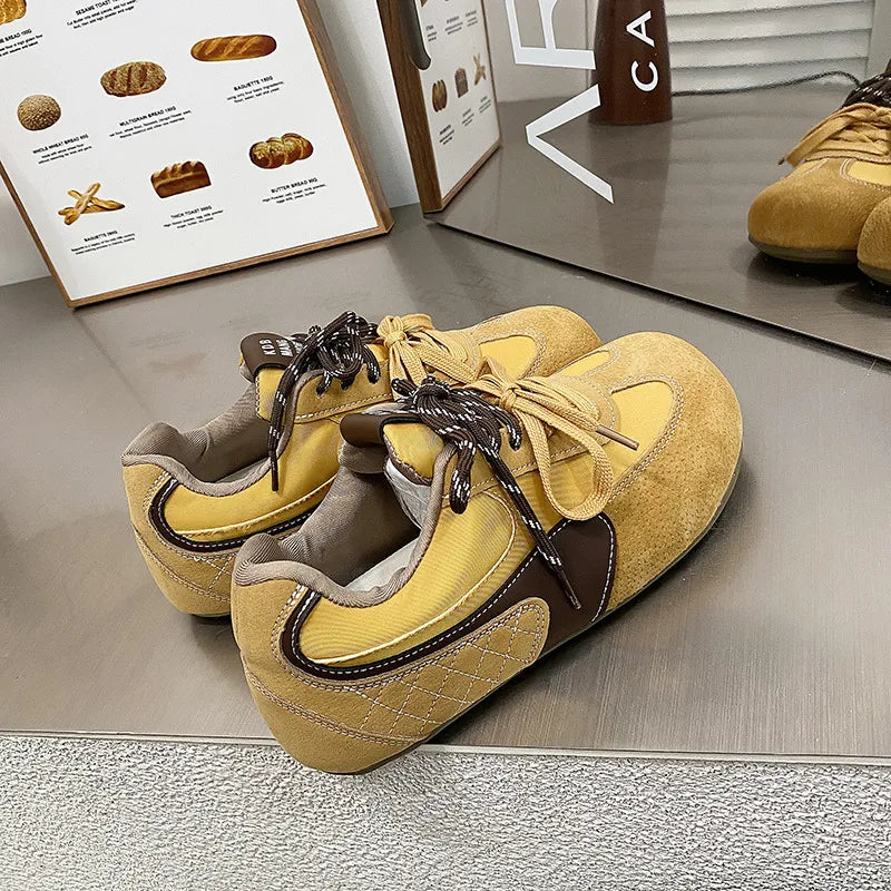 Lace Up Round Toe Flat Sneakers Gold