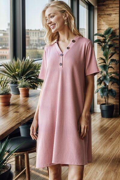 Heimish Full Size Solid Ribbed Mini Dress with Button Plus Size Rose