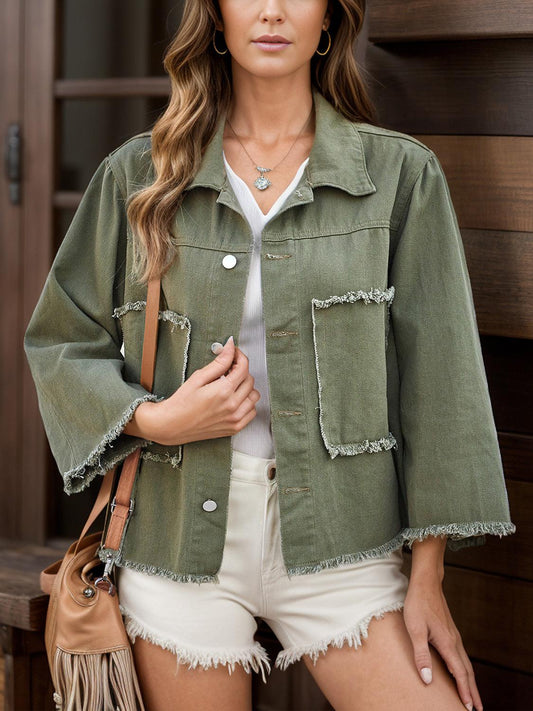 Raw Hem Button Up Denim Jacket Moss