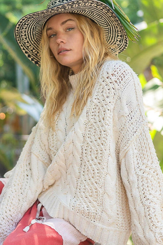 POL Mock Neck Cable Knit Sweater Cream