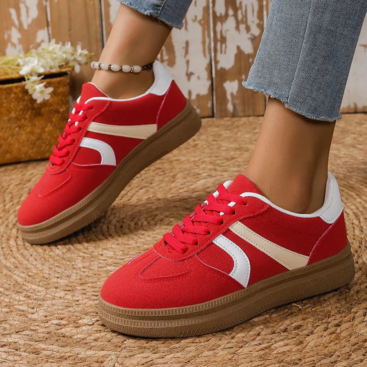 Lace Up Round Toe Contrast Sneakers Deep Red