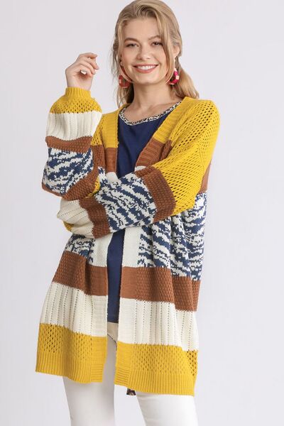 Umgee Full Size Color Block Open Front Longline Cardigan Plus Size GOLD BROWN