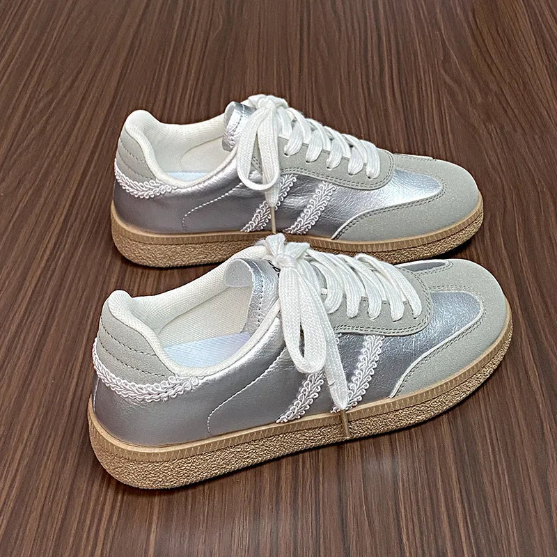 Contrast Lace Up Round Toe Sneakers Silver