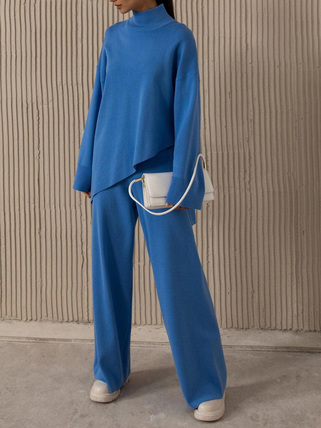 Asymmetrical Hem Knit Top and Pants Set Blue