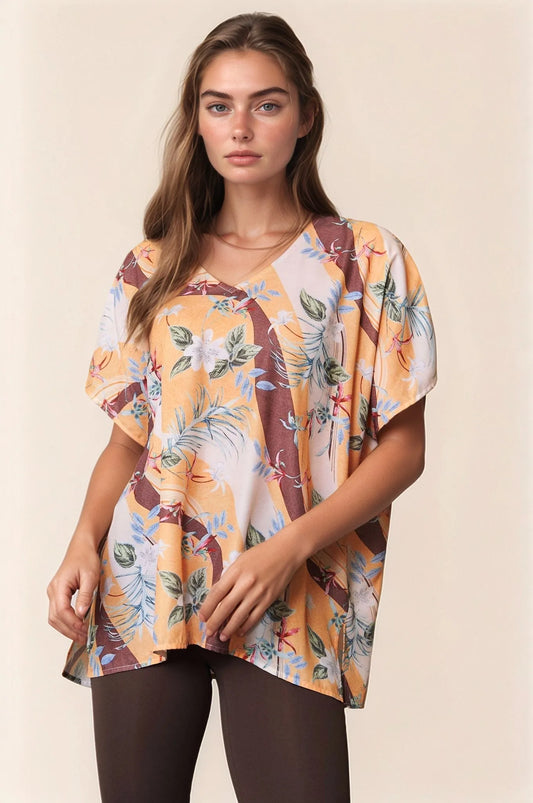 Davi & Dani Floral Printed V Neck Short Sleeve Loose Fit Top BANANA