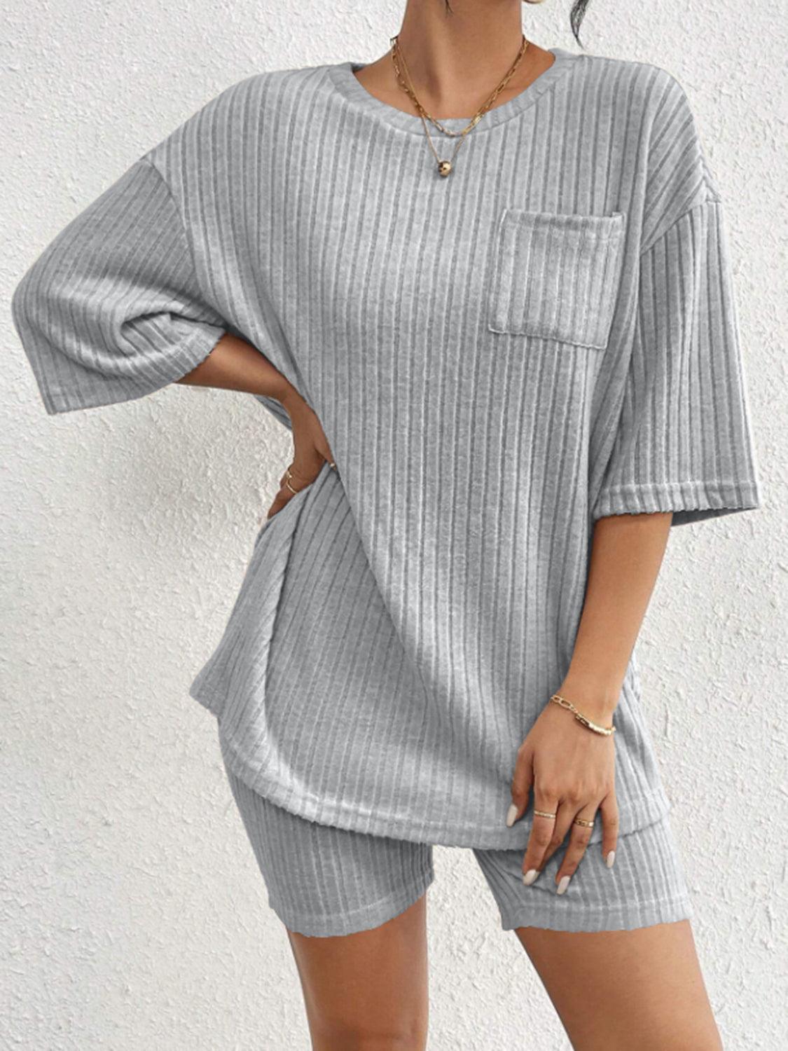 Ribbed Round Neck Top and Shorts Set Light Gray